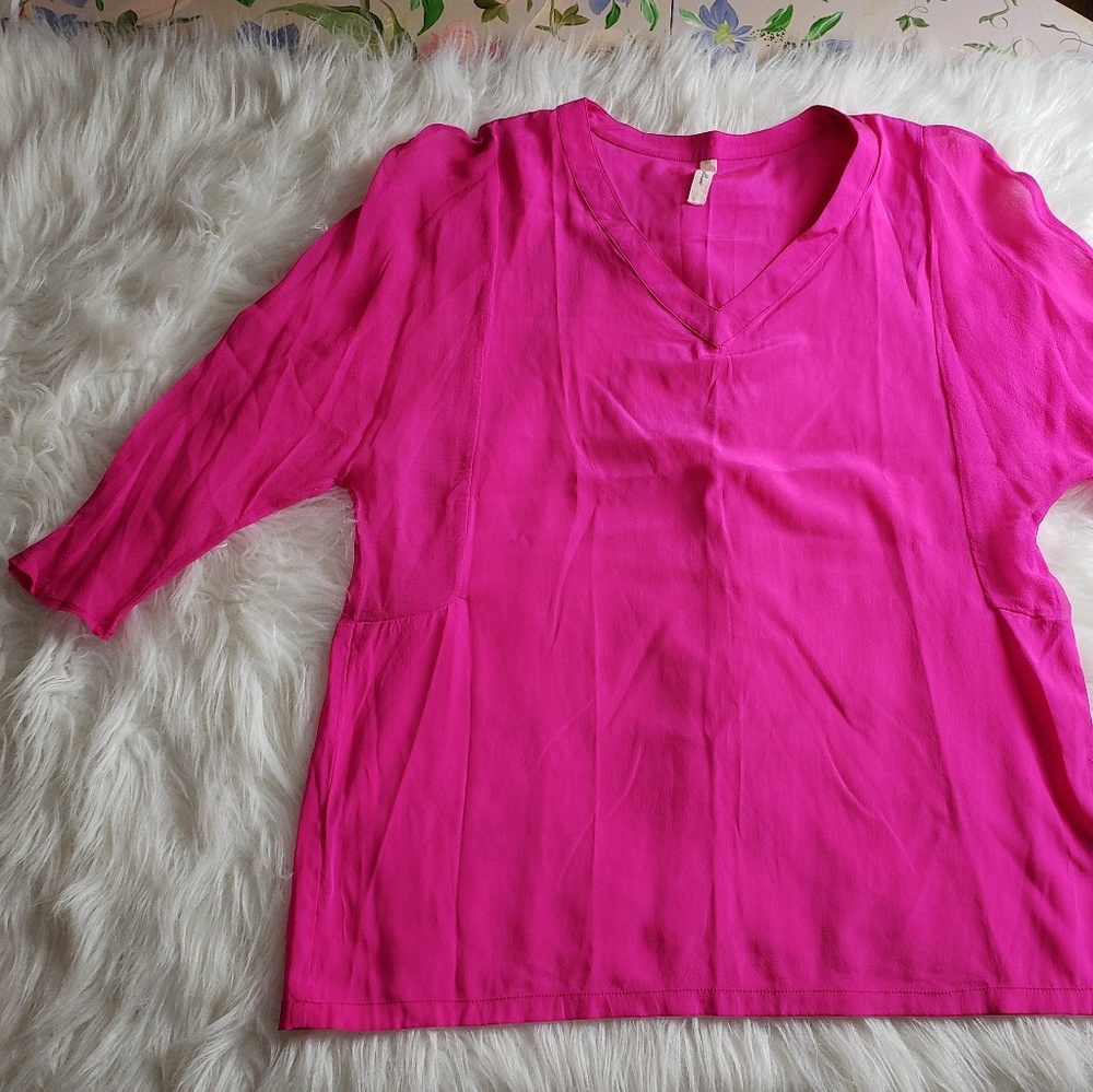 Hot Pink V-Neck Blouse with Three-Quarter Sleeves